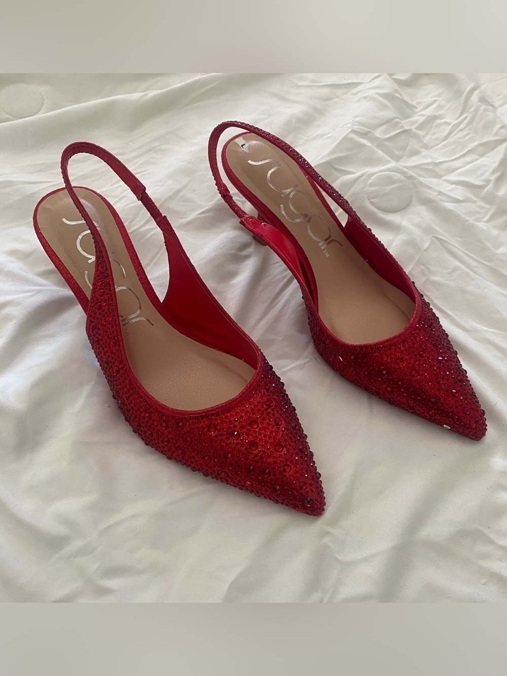Sugar Red Rhinestone Pointed Toe Slingback Heels Size 8